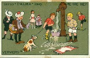 Chromo Palma Pierre Ney Verviers. Enfants voulant laver leur chien avec pompe à eau et savon