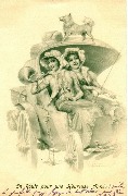 Deux jeunes femmes en hippomobile ,l'une jouant du cor,un chien sur le toit.En route pour une heureuse année!