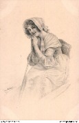 (jeune femme souriante assise appuyée sur une canne)
