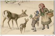  (Une biche et son faon s'approchent d'un enfant un peu effrayé)