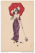 Femme au parapluie rouge promenant son chien