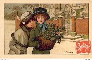 Heureuse Année (dans la neige, 2 jeunes femmes avec du gui devant l'entrée d'une maison)