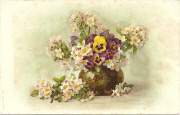 Vase avec pensées et fleurs de pommiers (illustrateur Paul de Longpre )