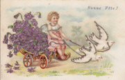 Angelot sur chariot de fleurs tiré par deux colombes