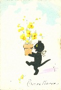 Bonne Ann�e Chat noir portant un pot de fleurs
