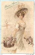 Femme portant un panier de roses et de lilas