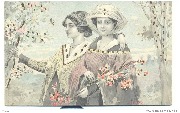 Deux dames dans bois, bouquet à la main