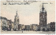 Courtrai. Grand'Place, Eglise Saingt-Martin et Beffroi. Kortrijk. Groote Markt, Sint-Maartus kerk en Halle toren.