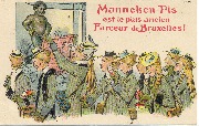 Manneken-Pis est le plus ancien des farceurs de Bruxelles (femme cachant M avec mouchoir devant les écolières)