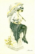 Jeune femme à l'ombrelle assise sur socle en pierre