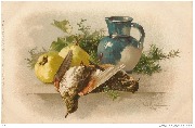 Stillleben (nature morte avec grives et poires près d'un pichet de céramique bleu)