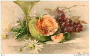 Stillleben (Melon, raisin, chrysanthèmes et coupe en verre vert)