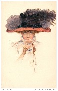Femme buvant une coupe, avec un chapeau rouge orné d'une plume d'autruche noire