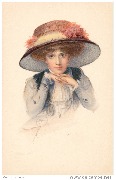 Femme au grand chapeau, le menton appuyé sur ses deux mains