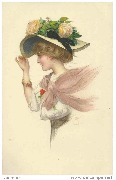 Jeune femme au châle mauve avec un chapeau de paille orné de roses jaunes