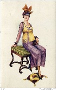 Parisiennes à la mode de 1917. Femme assise sur un tabouret vert