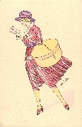 Belle lisant une lettre en marchant avec boite à chapeau accroché au bras