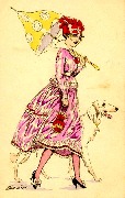 Femme en robe rose avec son ombrelle jaune, marchant avec lévrier blanc à ses côtés