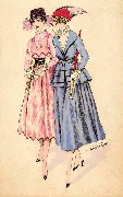 Deux femmes déambulant, chacune canne sous le bras en robe bleue et en robe rose