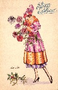 Elle tient un bouquet de chrysanthèmes. Bonne année