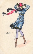 Femme au vent, en robe bleue, elle tient son chapeau rose des deux mains