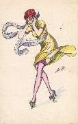Femme au vent, en robe jaune, elle tient son chapeau rouge des deux mains