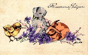 Un poussin, un chien et un lapin avec fleurs bleues et bourgeons de saule