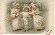 Trois enfants vêtus de blanc patinant