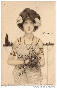 (Jeune fille de face, tenant une brassée de feuillage)