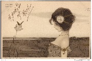 (Jeune fille de profil, regardant un papillon sur une fleur)