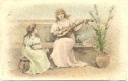 Femme assise sur un banc jouant du luth devant fillette sur un tabouret