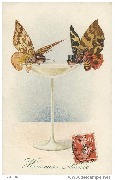 (femme-papillon et homme-papillon buvant dans une coupe de champagne)