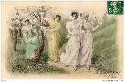 Quatre femmes parcourent un chemin en cueillant des branches en fleurs