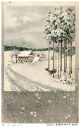 (Chevreuil dans la neige observant de loin un village)