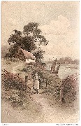 (Jeune femme sur un chemin devant une maison de pêcheurs)