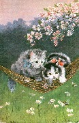 (deux chats suspendus dans un hamac,paysage fleuri)
