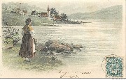 (Jeune femme rêveuse au bord d'un lac de montagne)