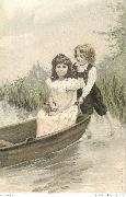 Fillette assise à l'arrière d'une barque poussée par un garçon