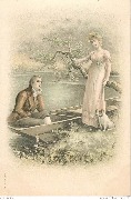 Jeune homme dans une barque conversant avec une jeune femme debout sur la rive