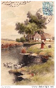 Vom Lebenswege (6 canards sur une rivière, femmes fanant, au loin une ferme)