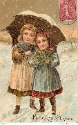  Bonne Année(2 fillettes dans la neige sous un parapluie)