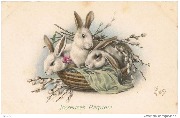 Joyeuses Pâques !(3 lapins blancs dans un panier)