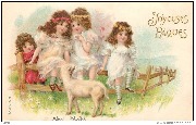 Joyeuses Pâques (4 fillettes sur une barrière devant un agneau)