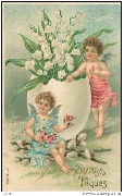 Joyeuses Pâques (2 angelots près d'un grand oeuf d'ou sort du muguet)