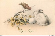 Joyeuses Pâques! (lapin blanc et chardonneret devant un oeuf)