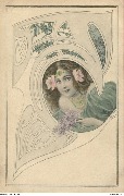 Motif Art Nouveau avec jeune fille tenant un bouquet de fleurs mauves