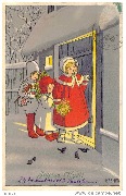 Joyeux Noël !(3 enfants portant guis et jouets devant la porte d'une maison)