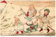 A Merry Christmas (2 fillettes et un garçon marchant avec leurs jouets dans la neige)