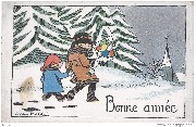 Bonne Année (femme marchant vers un village dans la neige avec un enfant)