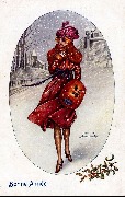 Femme sous la neige en rose , église dans le fond